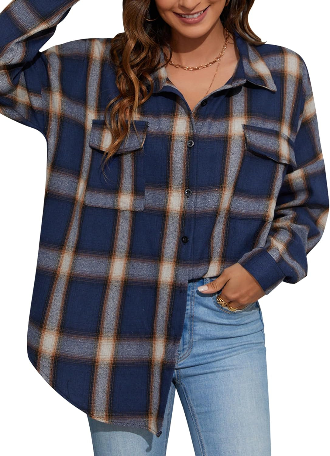 Womens Flannel Shirts Plaid Shacket Button down Long Sleeve