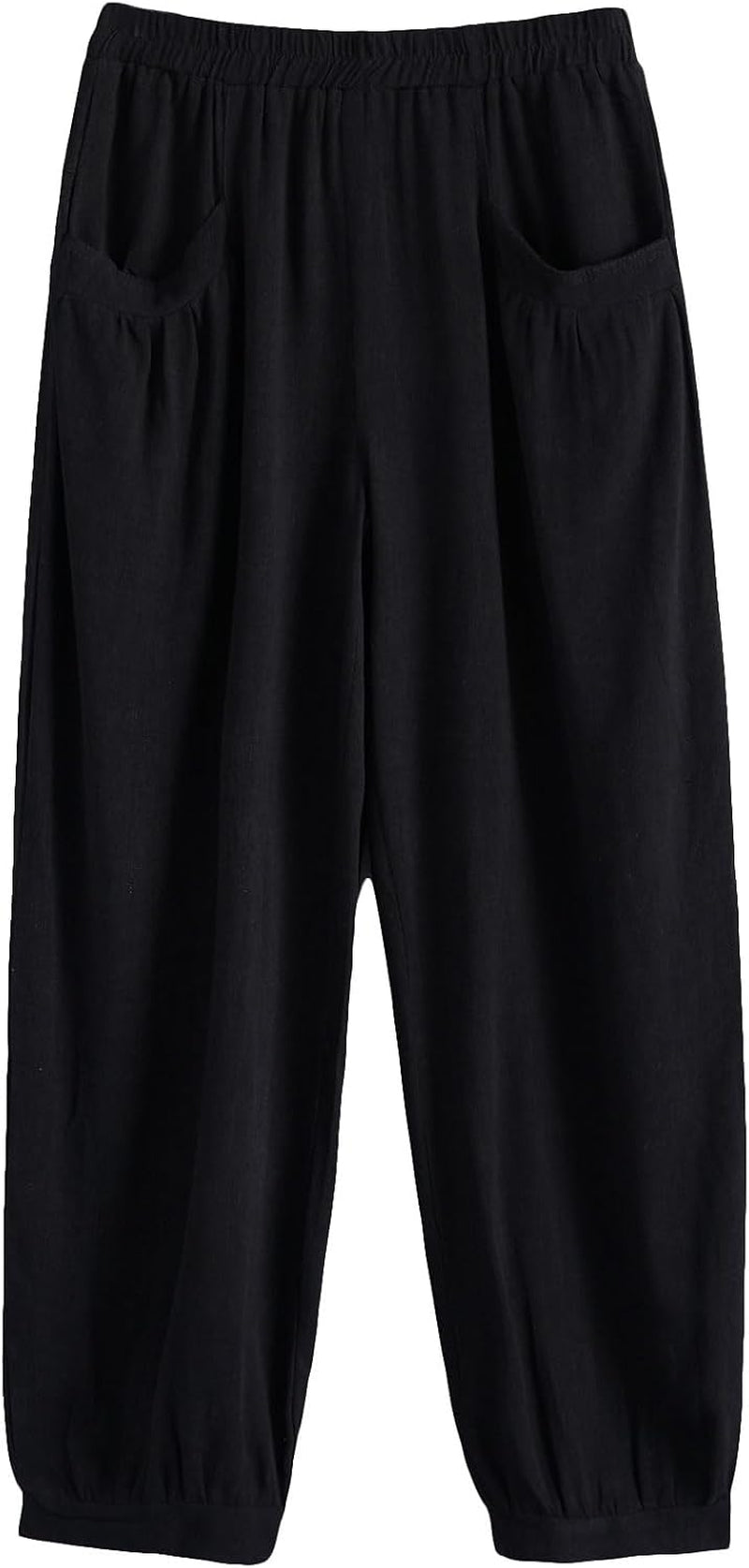 Women'S Cotton Linen Tapered Cropped Pants Elastic Waist Trousers