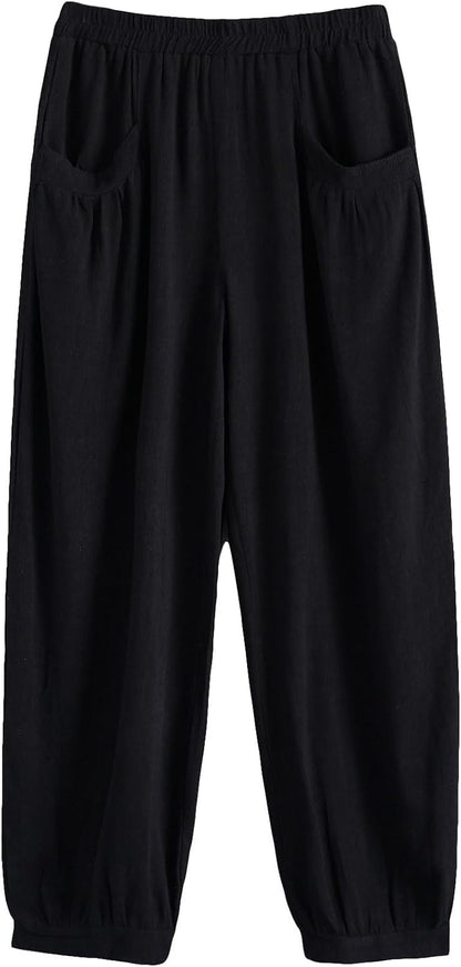 Women'S Cotton Linen Tapered Cropped Pants Elastic Waist Trousers