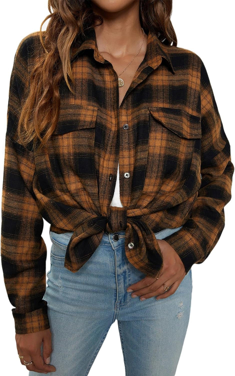 Womens Flannel Shirts Plaid Shacket Button down Long Sleeve