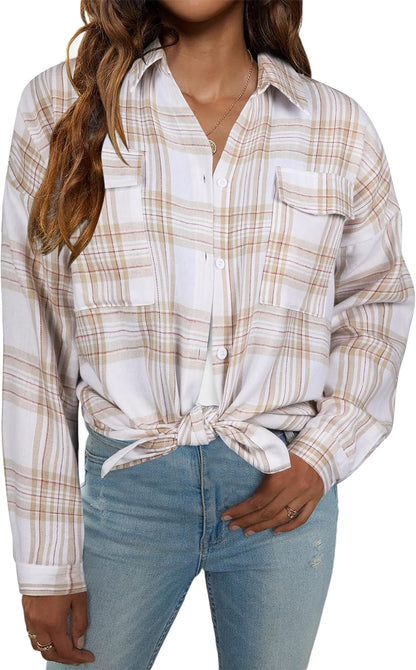 Womens Flannel Shirts Plaid Shacket Button down Long Sleeve