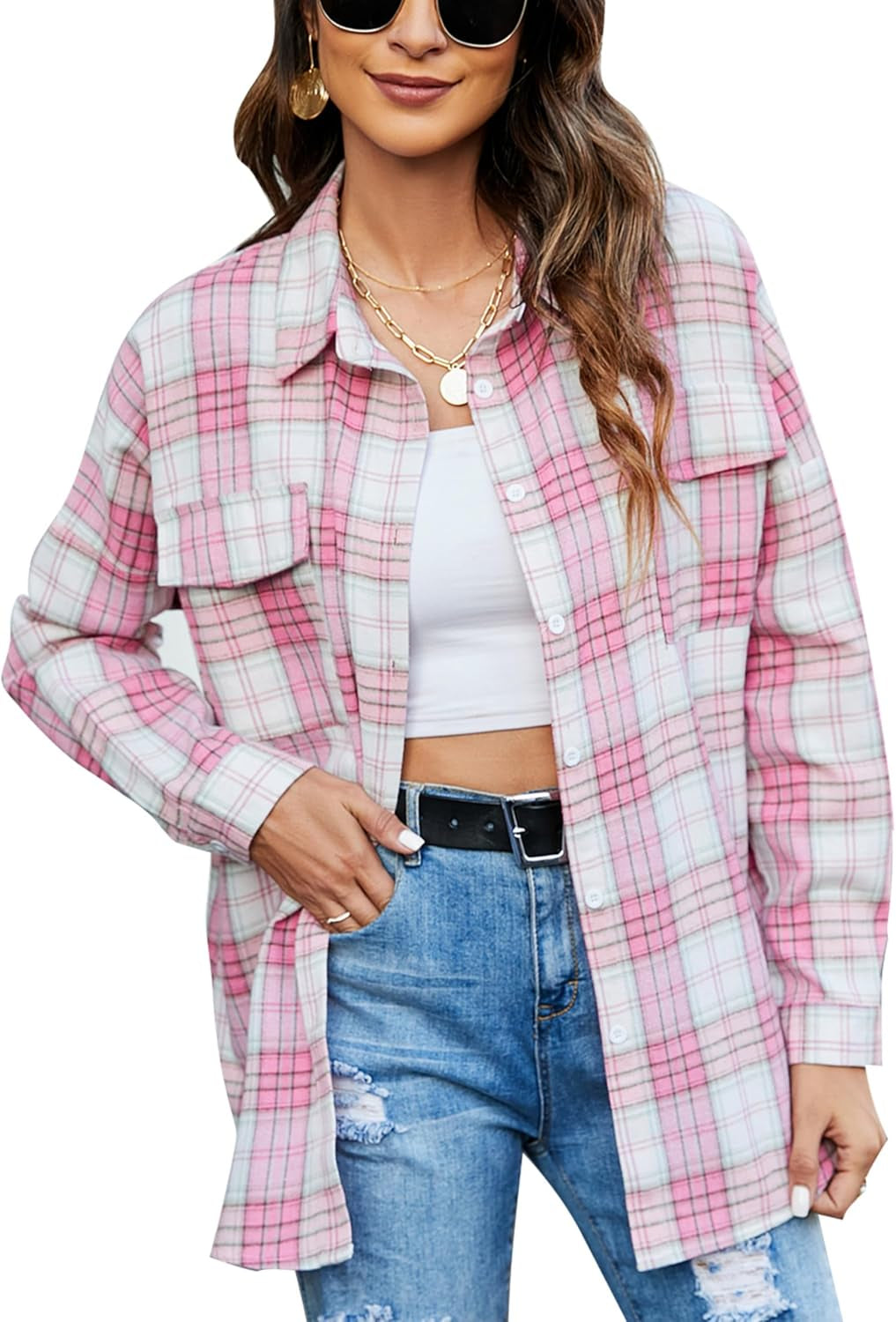 Womens Flannel Shirts Plaid Shacket Button down Long Sleeve