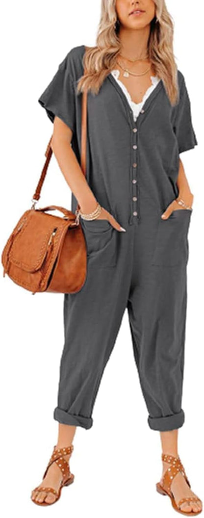 Oversize Women'S One Piece Button up Jumpsuit Casual Loose Short Sleeve V Neck Long Pants Rompers