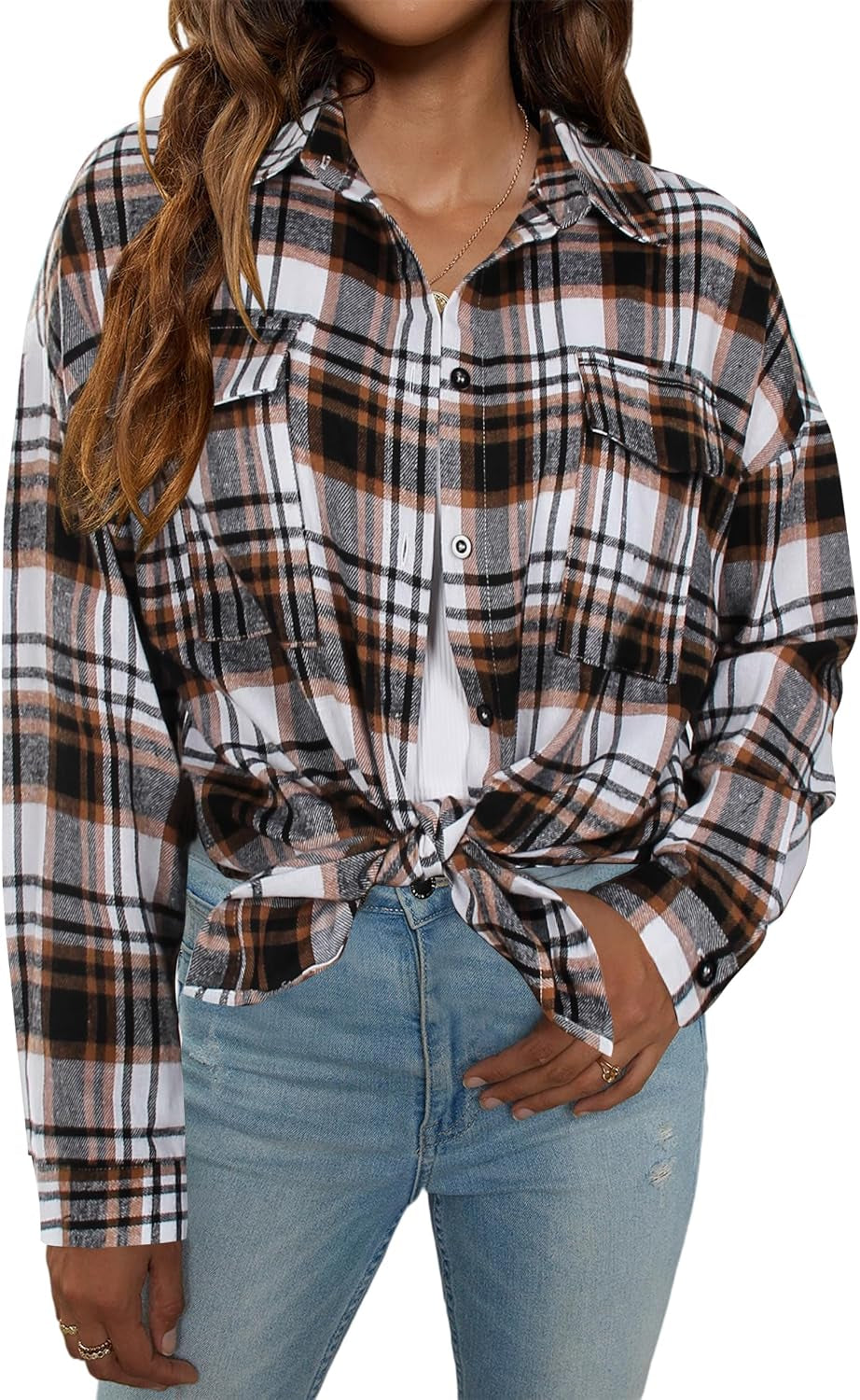 Womens Flannel Shirts Plaid Shacket Button down Long Sleeve