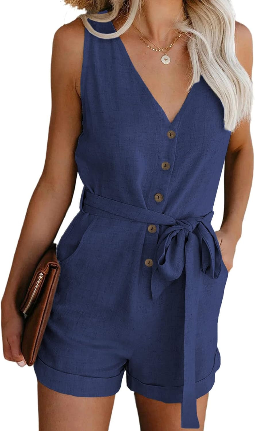 Womens Casual Summer Crewneck Ruffle Sleeveless Rompers, XS-XXL