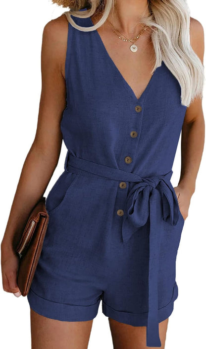 Womens Casual Summer Crewneck Ruffle Sleeveless Rompers, XS-XXL