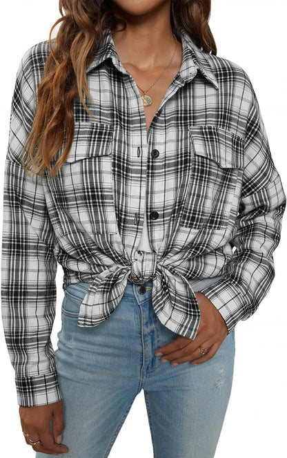 Womens Flannel Shirts Plaid Shacket Button down Long Sleeve