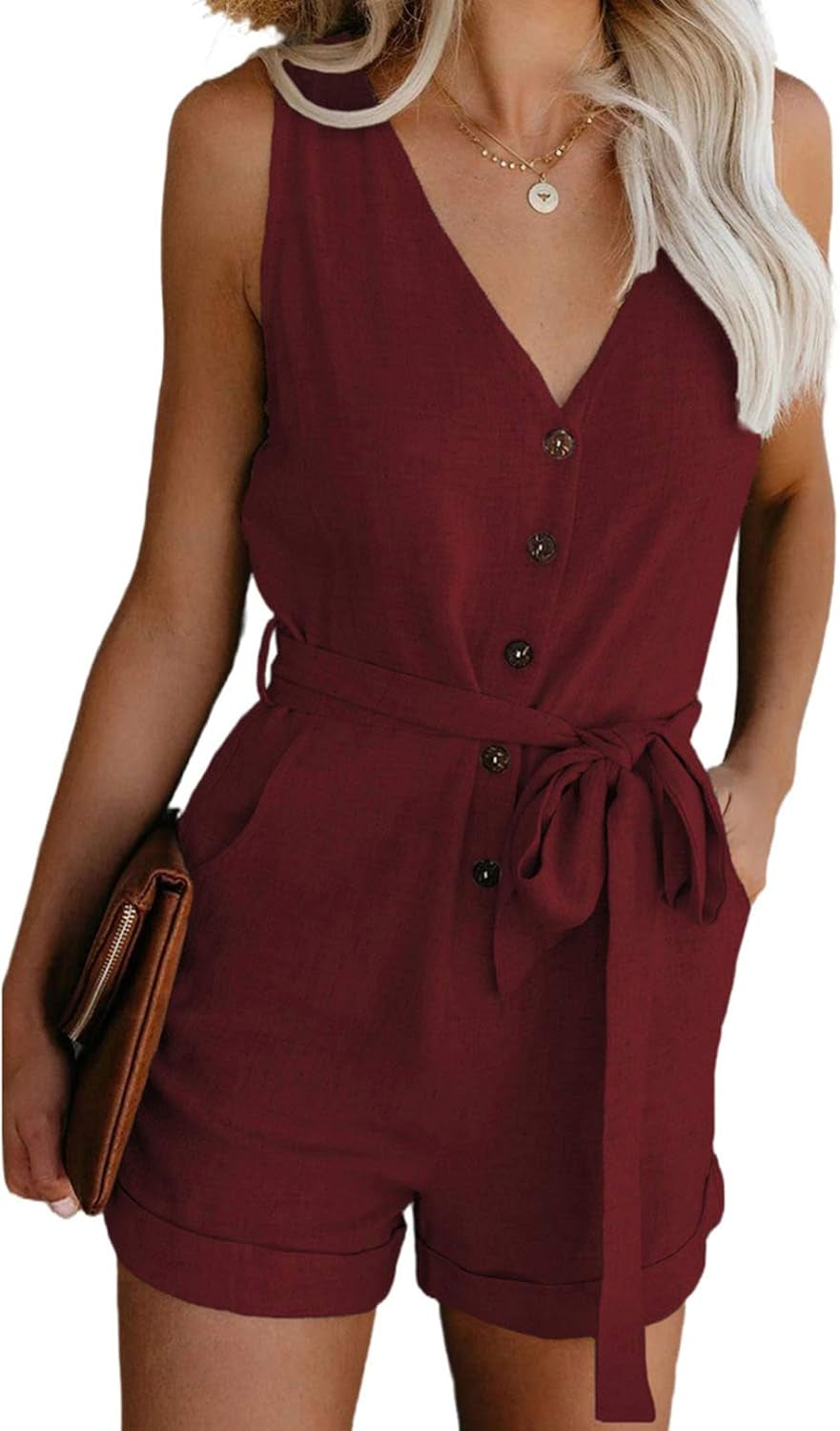 Womens Casual Summer Crewneck Ruffle Sleeveless Rompers, XS-XXL